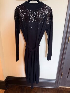 Vince Camuto Black Sequin-Embellished Long Sleeve Knit Dress